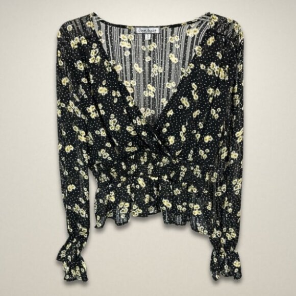 Crave Fame Blouse Peplum Hem Long Sleeves Floral Print Black/Yellow/White W XL - Picture 2 of 7